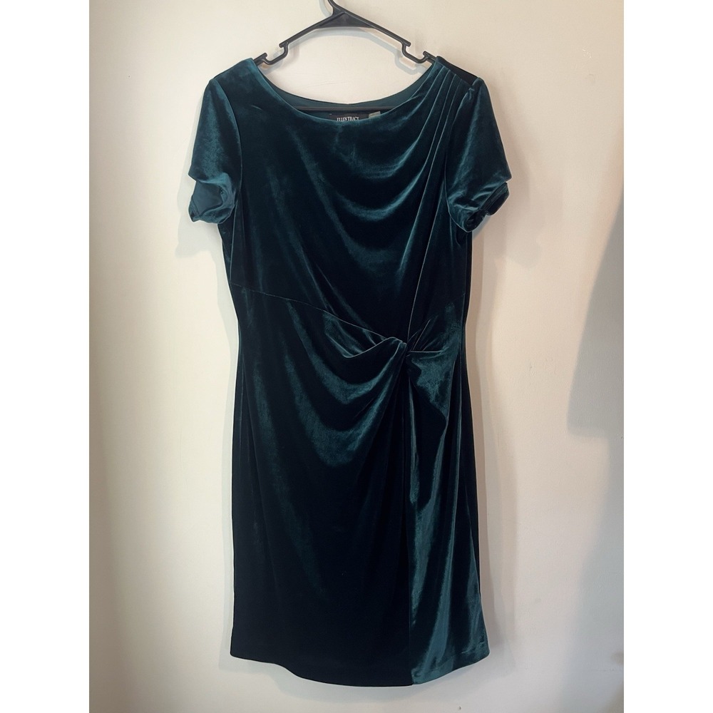 Ellen Tracy Emerald Green Velvet Ruched Dress Size 10p Knee Length Short Sleeve‎